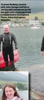  ??  ?? Graham McNally (centre) with John Savage and Harry Jordan who completed the hit the wall swim challenge in aid of Sosad held in Carlingfor­d. Photo: Aidan Dullaghan/ Newspics