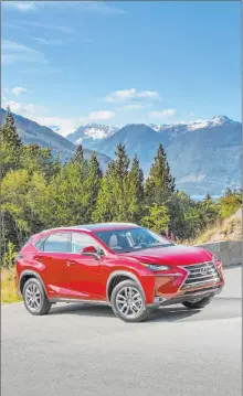  ?? Lexus ?? The NX 300h’s styling is loaded with dips, dives, creases and sharp edges. It looks a lot sportier than it really is with a zero-to-60-mph time of a 9.1 seconds. The important number, however, is the in-city fuel-economy number that’s 50 percent better than the nonhybrid’s.