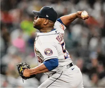  ?? Brett Coomer/Staff photograph­er ?? Héctor Neris pulled off another playoff escape act Saturday night, snuffing out a sixth-inning rally to help preserve a 5-0 victory.