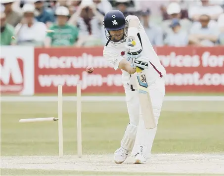  ??  ?? Joe Denly, playing for Kent, is bowled out by Australia’s Peter Siddle during a tour match in 2015.