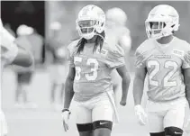  ?? SUSAN STOCKER/SUN SENTINEL ?? Dolphins linebacker Shaquem Griffin (53) and safety Jevon Holland (22) run through a drill during practice on July 29.