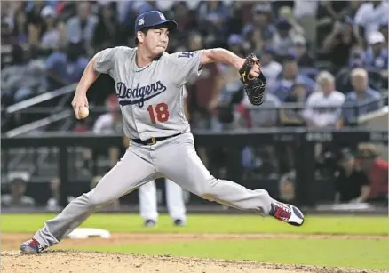  ?? Wally Skalij Los Angeles Times ?? KENTA MAEDA PITCHED one inning in Game 2 at Dodger Stadium, getting the victory, then worked the eighth inning of Game 3, retiring all six batters he faced in the series. “I’m thinking I’m going to pitch only one inning, so I’m exerting more effort,”...