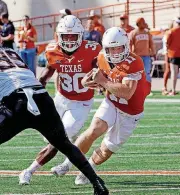  ?? [AP PHOTO] ?? Texas quarterbac­k Sam Ehlinger runs the ball against OSU on Saturday. He is in concussion protocol, leaving his status for this weekend’s game vs. Baylor uncertain.