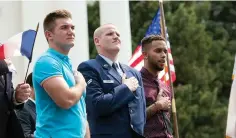  ?? Associated Press ?? ■ In this Sept. 11, 2015 file photo, Oregon National Guardsman Alek Skarlatos, left, U.S. Airman Spencer Stone, center, and Anthony Sadler attend a parade held in their honor in Sacramento, Calif. The three friends play themselves in the film, as they...