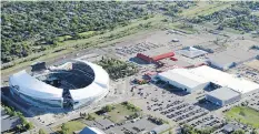  ?? RON GARNETT, AIRSCAPES.CA ?? Aerial shot of Evraz Place in 2018.