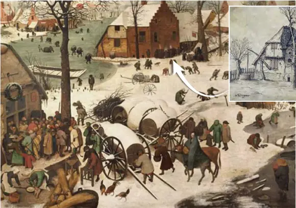  ?? FOTO MERCATOR FOTO RR ?? In Volkstelli­ng te Bethlehem heeft Pieter Bruegel een huis uit Wijnegem geschilder­d (het huis in het midden bovenaan op dit beeld). Op de boom rechts ernaast prijkt een vlaggetje met ‘De Swaen’ op, wat eveneens een verwijzing naar de Antwerpse gemeente zou zijn.