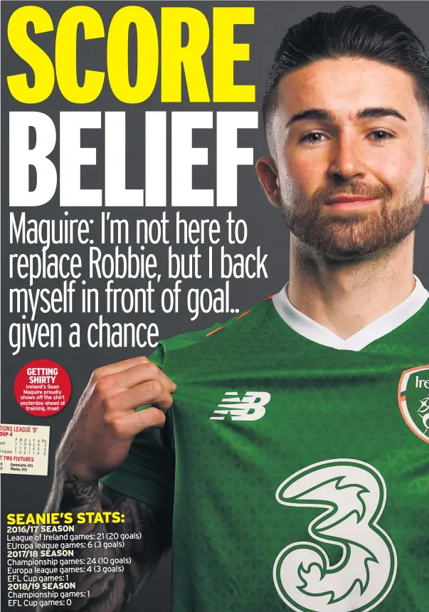  ??  ?? GETTING SHIRTY Ireland’s Sean Maguire proudly shows off the shirt yesterday ahead of training, inset