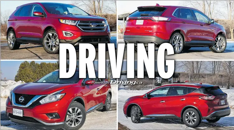  ?? JOHN LEBLANC/DRIVING.CA ?? In the battle of the mid-size crossovers, the 2016 Ford Edge, top, and the 2016 Nissan Murano, bottom, are two of the top contenders in Canada.