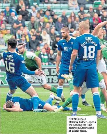  ?? ?? OPENER: Paul Mcginn, hidden, opens the scoring for Hibs against St Johnstone at Easter Road.