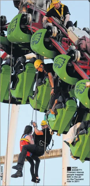  ??  ?? HIGH ANXIETY: Firemen rescue people trapped 60ft in the air on the Tsunami ride in 2011