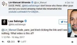  ??  ?? Twitter exchange between Lin-Manuel Miranda (inset) and the author