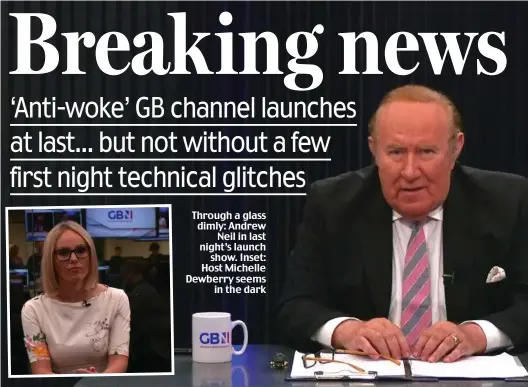  ??  ?? Through a glass dimly: Andrew Neil in last night’s launch show. Inset: Host Michelle Dewberry seems in the dark