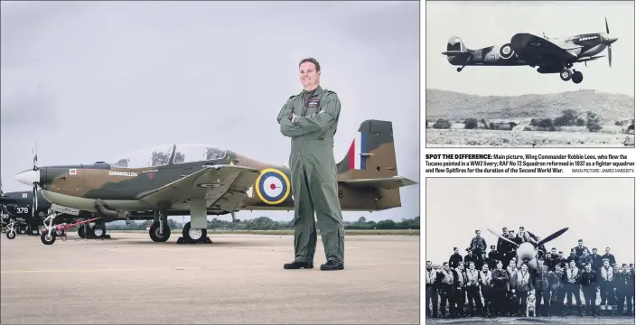  ?? MAIN PICTURE: JAMES HARDISTY. ?? SPOT THE DIFFERENCE: Main picture, Wing Commander Robbie Lees, who flew the Tucano painted in a WW2 livery; RAF No 72 Squadron reformed in 1937 as a fighter squadron and flew Spitfires for the duration of the Second World War.