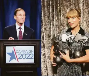  ?? Dave J Hogan / Getty Images for MTV and AP Photo / Jessica Hill ?? U.S. Sen. Richard Blumenthal has called out deceptive ticketing practices by Ticketmast­er during the recent Taylor Swift tour ticket sale.