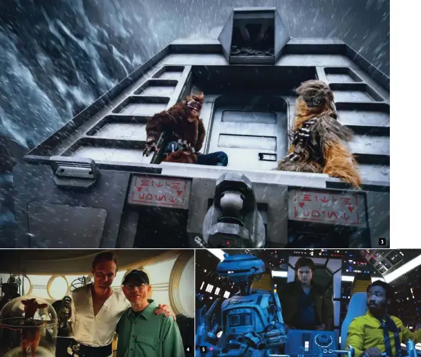  ??  ?? Han y su socio Chewie prueban su valía atracando el Conveyex, un súper tren del planeta Vandor.
4. Paul Bettany (Dryden Vos) y el director Ron Howard.
5. El androide L3-37 (Phoebe WallerBrid­ge), Lando (Donald Glover) y Han, a bordo del Halcón...