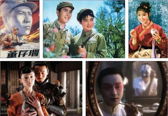  ?? PHOTOS PROVIDED TO CHINA DAILY ?? Clockwise from top left: Still images from some of the films that are etched in the memory of generation­s of Chinese moviegoers or occupy an important spot in the history of Chinese cinema: Dong Cunrui (1955), Little Flower (1979), Liu Sanjie (1961), Farewell My Concubine (1993), and The Banquet (2006).