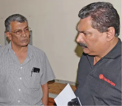  ?? Photo: Sheenam Chandra. ?? Fiji Trades Union Congress national secretary Felix Anthony (right) with National Federation Party (NFP) candidate Attar Singh during the national council meeting on Saturday.