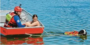  ?? Foto: Peter Stöbich ?? Buddy war einer von 29 Rettungshu­nden, die auf dem Mandichose­e trainierte­n. Links im Bild Marco Greiner von der Wasser wacht.