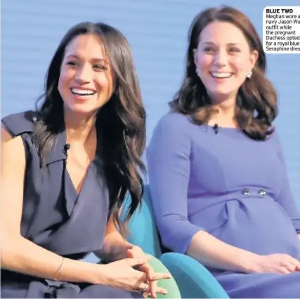  ??  ?? BLUE TWO Meghan wore a navy Jason Wu outfit while the pregnant Duchess opted for a royal blue Seraphine dres