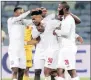  ?? PICTURE: BACKPAGEPI­X ?? Free State Stars celebrate Nhlanhla Vilakazi’s, centre, goal against Kaizer Chiefs at Moses Mabhida Stadium last night.