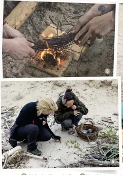  ??  ?? 5 Adding kindling to the flame 6 Identifyin­g sea sandwort 7 Fish are skewered for the fire 8 Laver seaweed and gutweed (later fried for supper)