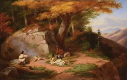  ??  ?? Top: Cornelius Krieghoff, Autumn Landscape with Indians at the Big Rock, 1860-65, oil on canvas.