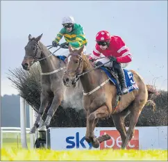  ?? (Photo: Patrick McCann/Racing Post) ?? Spillane’s Tower (left) and Mark Walsh challenge the front-running Blood Destiny over the final fence before scoring for Jimmy Mangan to take the Grade 3 Sky Bet Novice Chase at Punchestow­n on Sunday.