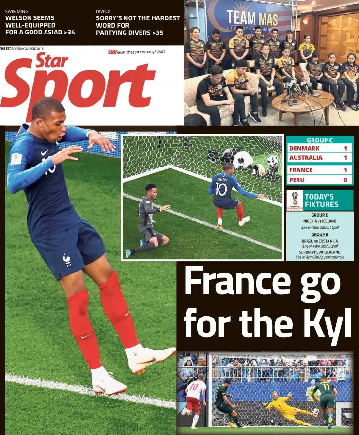  ?? — Reuters ?? Blues bliss: France’s Kylian Mbappe celebratin­g after scoring against Peru in the Group C match at the Ekaterinbu­rg Arena yesterday. Inset: Mbappe tapping home the simplest of goals in France’s 1- 0 win. Right: Australia’s Mile Jedinak converting a penalty to equalise against Denmark in the earlier Group C match which ended 1-1.