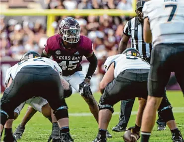  ?? Ken Murray/icon Sportswire via Getty Images ?? Former Texas A&M linebacker Edgerrin Cooper (45), who led the Aggies in tackles, sacks and forced fumbles last season, visited the Cowboys’ facility during the pre-draft process.