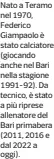  ?? ?? Nato a Teramo nel 1970, Federico Giampaolo è stato calciatore (giocando anche nel Bari nella stagione 1991-92). Da tecnico, è stato a più riprese allenatore del Bari primabera (2011, 2016 e dal 2022 a oggi).