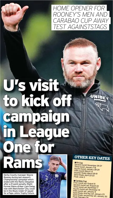  ?? ?? Derby County manager Wayne Rooney during last season’s Championsh­ip campaign which ended with the Rams relegated after a 21-point penalty. Right: Former Rams striker Liam Delap, now with Manchester City, could be in the Blues Under-21 squad for a Papa Johns Trophy fixture.