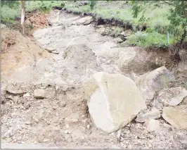  ?? (Pics: Sithembile Hlatshwayo) ?? One of the failing roads being prioritise­d by government to fix along the highway at Makholokho­lo where retaining walls are collapsing. (R) Another failing road at Siphocosin­i kaNyama, which government will be fixing.