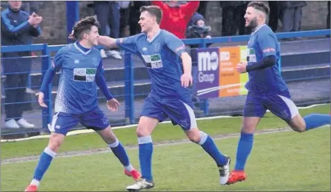  ??  ?? 2 1 Delight as Leek’s Dan Trickett-smith above, and Aaron Bott celebrate their goals against Radcliffe FC. Pictures: Steve Reynolds
