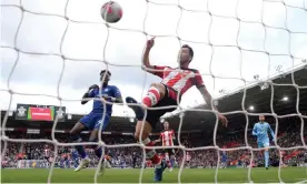  ??  ?? Southampto­n’s Maya Yoshida tries to hook a clearance off the line but Chelsea’s opener would be awarded to Tammy Abraham (left). Photograph: Tony O’Brien/Action Images via Reuters