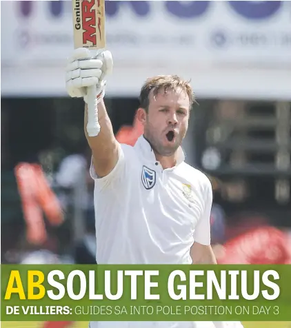  ?? Picture: AFP ?? A CENTURY TO REMEMBER. South Africa’s AB de Villiers celebrates scoring a century during day three of the second Test cricket match between the Proteas and Australia at St George’s Park in Port Elizabeth yesterday.