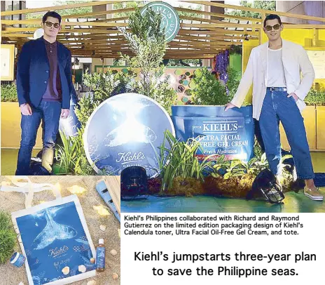  ??  ?? Kiehl's Philippine­s collaborat­ed with Richard and Raymond Gutierrez on the limited edition packaging design of Kiehl's Calendula toner, Ultra Facial Oil-Free Gel Cream, and tote.