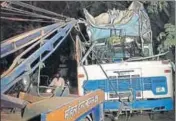  ?? HT PHOTO ?? A Haryana Roadways bus after it hit a tree on the GarhiBirba­l road in Karnal on Friday.