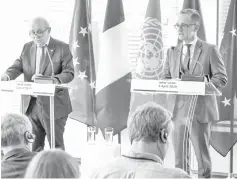  ?? — AFP photo ?? Le Drian (left) and Maas speak to reporters during a joint press conference at the French Mission to the United Nations in New York.