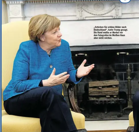  ??  ?? „Schicken Sie schöne Bilder nach Deutschlan­d“, hatte Trump gesagt. Die Hand wollte er Merkel vor den Fotografen im Weißen Haus aber nicht reichen.