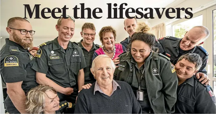  ?? BRADEN FASTIER/STUFF ?? Stoke resident Chris Molineaux personally thanks St John Ambulance staff and Stoke volunteer firefighte­rs who helped him survive a near-fatal cardiac arrest earlier this year. St John call handler Kalolaine Palu, third from right, helped to guide his wife, Gay, centre, through CPR over the phone.