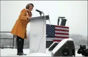  ?? ASSOCIATED PRESS ?? DEMOCRATIC SEN. AMY KLOBUCHAR addresses a snowy rally where she announced she is entering the race for president Sunday at Boom Island Park in Minneapoli­s.