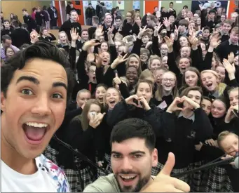  ??  ?? Jake Carter pays a quick visit to the students at Killarney Community College before his show in the INEC this week.