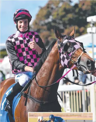  ?? Main picture: AAP IMAGE/ DARREN ENGLAND ?? Jockey Boris Thornton (above) is all smiles after No Annamossit­y won at Doomben earlier this year and (inset) Queensland idol Buffering wins the Group 2 Victory Stakes at Doomben in 2013.