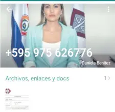  ??  ?? El perfil de WhatsApp que utiliza el supuesto estafador, con la fotografía de la fiscala Daniela Benítez, y un número visible, pero que no correspond­e a ningún fiscal ni funcionari­o fiscal.