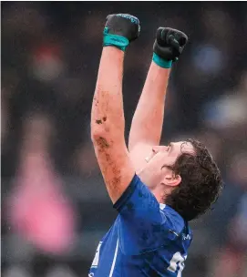  ?? PIARAS Ó MÍDHEACH/SPORTSFILE ?? Conrad Reilly of St Loman’s celebrates after the final whistle at TEG Cusack Park