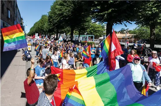  ?? Bild: CHRISTIAN FLODIN ?? FÄRGGLATT. Omkring tusen personer gick i den första prideparad­en i Trollhätta­n, som gick av stapeln under lördagen.