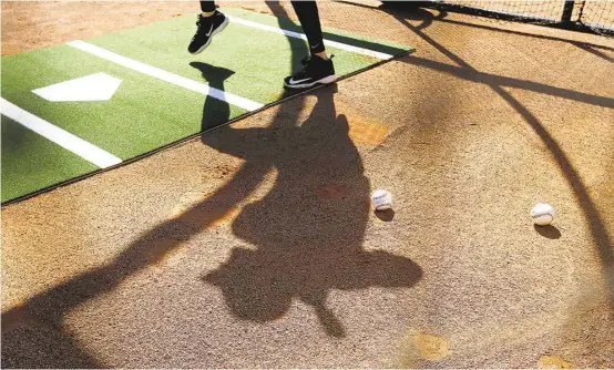  ?? Karen Warren / Houston Chronicle ?? The shadow knows it’s baseball season. This one belongs to infielder Colin Moran, who took some cuts on Thursday’s reporting date for Astros pitchers and catchers.