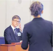  ?? JIM THOMPSON/JOURNAL ?? Albuquerqu­e Academy’s Stella Asmerom cross-examines a witness, classmate Andrew Pick-Roth, during the state mock trial competitio­n March 17.