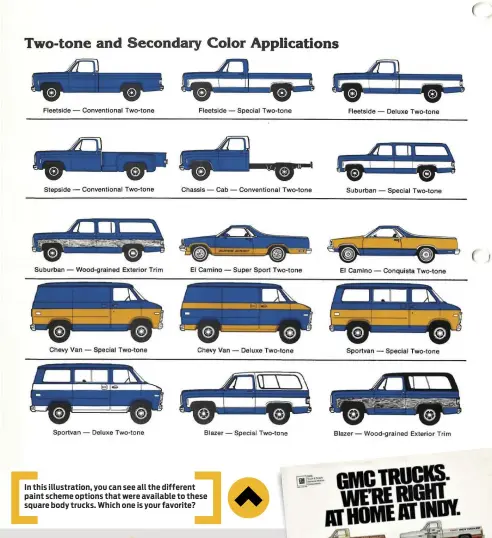  ??  ?? In this illustrati­on, you can see all the different paint scheme options that were available to these square body trucks. Which one is your favorite?