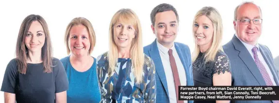  ??  ?? Forrester Boyd chairman David Everatt, right, with new partners, from left, Sian Connolly, Toni Beecroft, Maggie Casey, Neal Watford, Jenny Donnelly